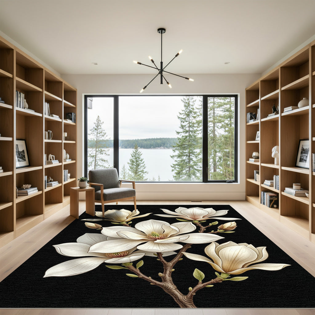 Elegant White Magnolia Botanical Art Rug