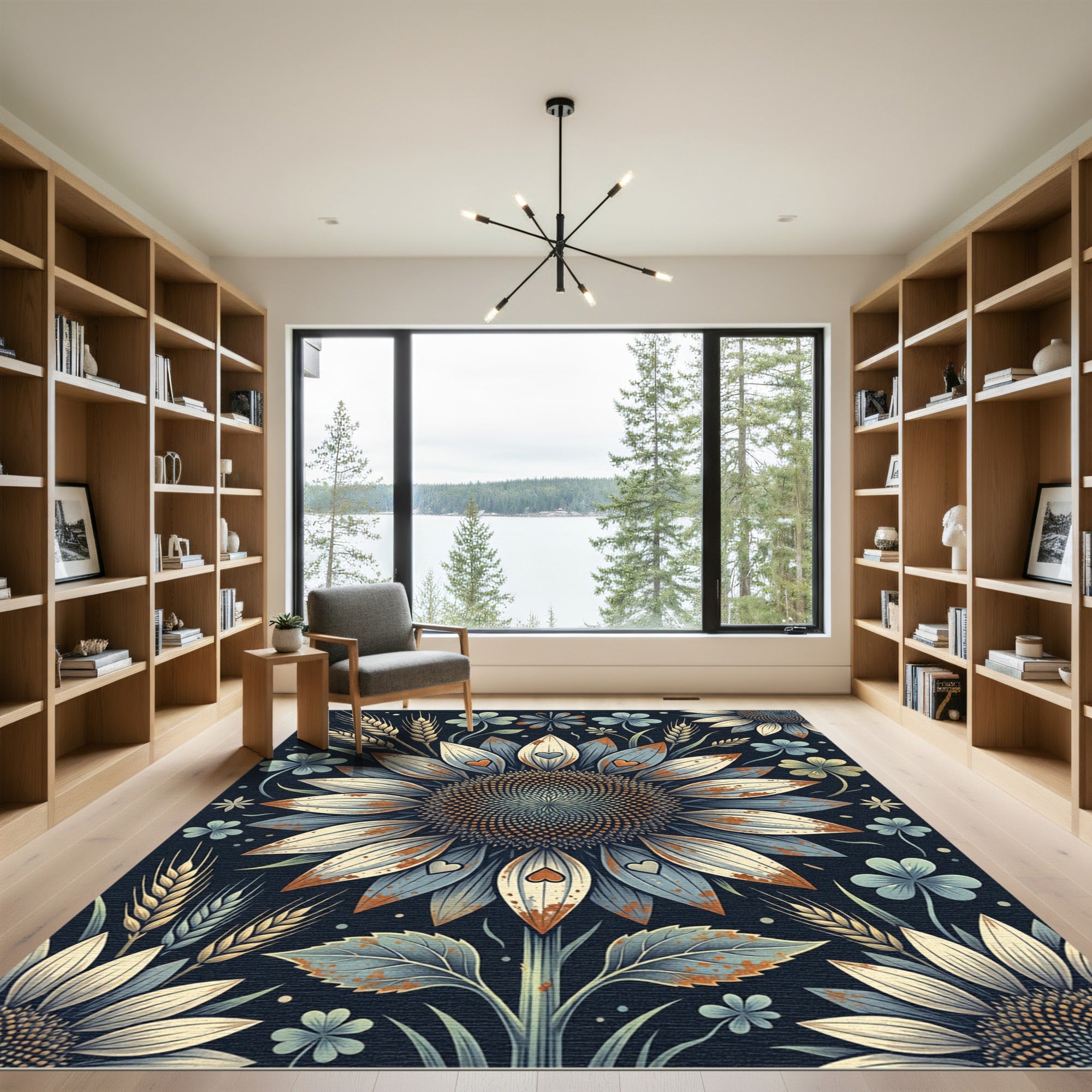 Rustic Sunflower Wheat and Clover Medallion Rug