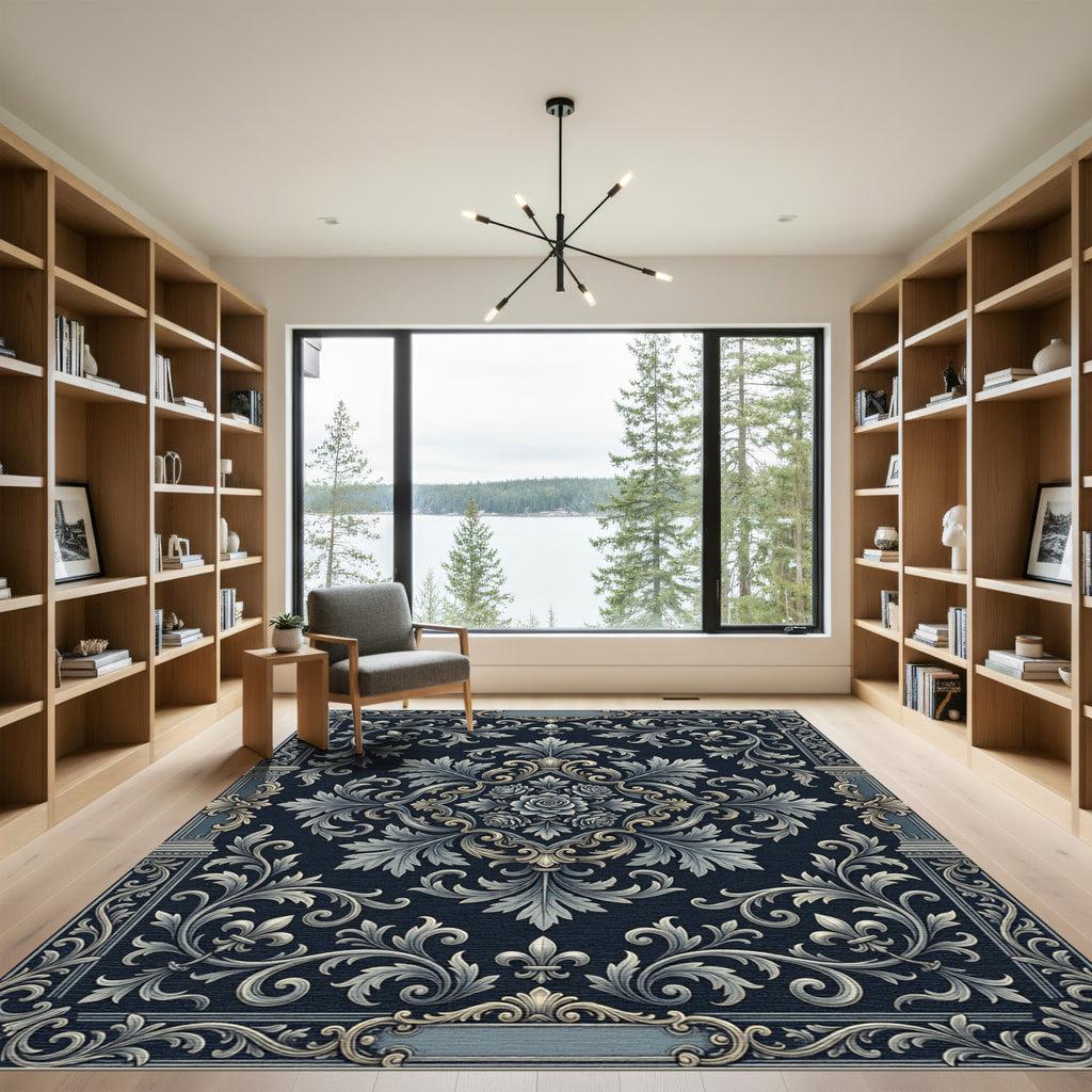 Navy Blue Floral Scroll Baroque Rug