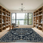 Navy Blue Floral Scroll Baroque Rug