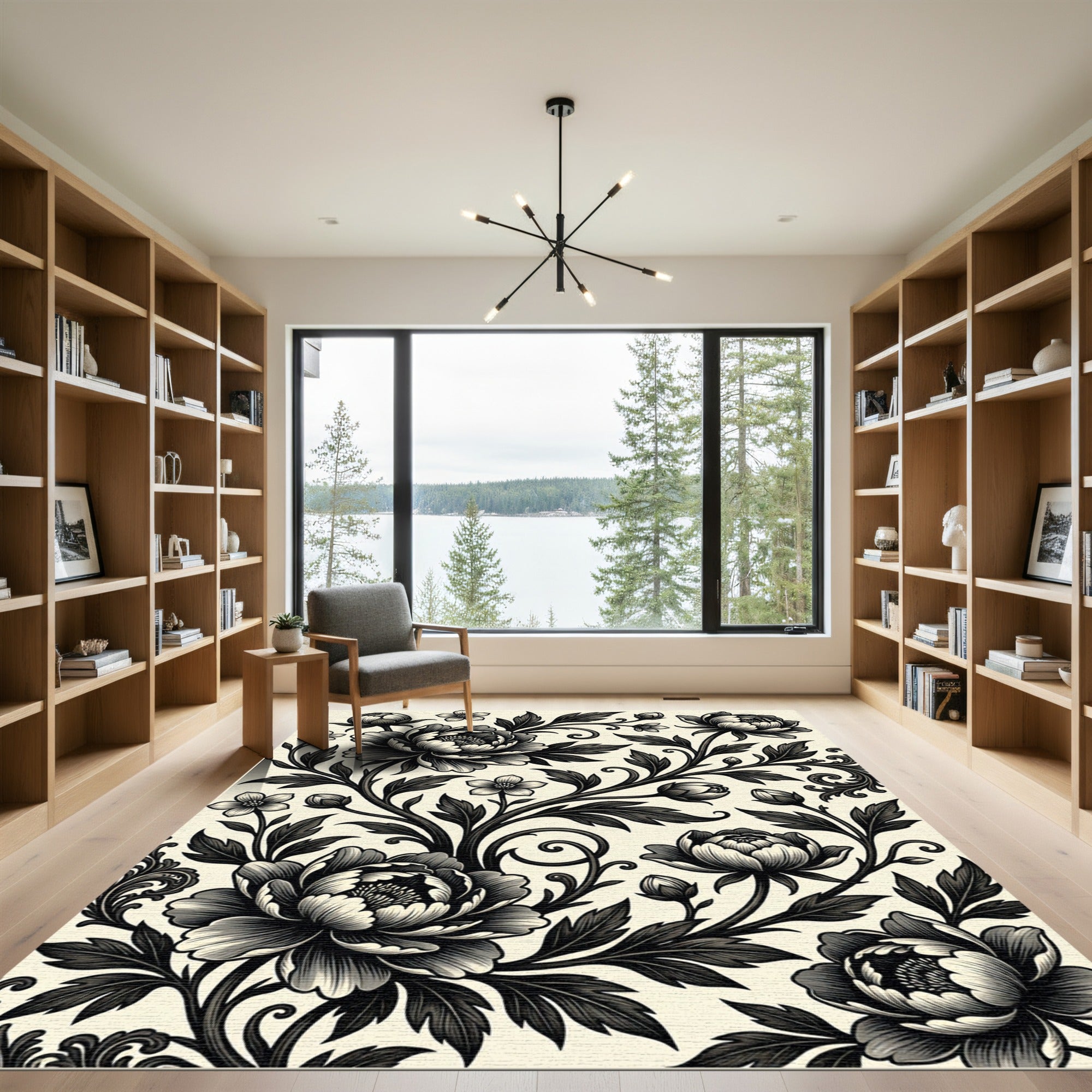 Monochrome Floral Peony Botanical Art Rug