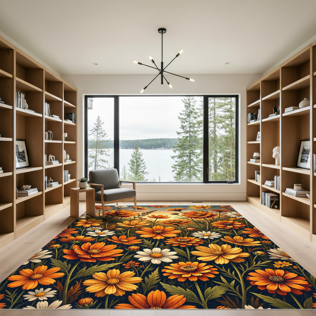 Vibrant Golden Cosmos Floral Meadow Rug