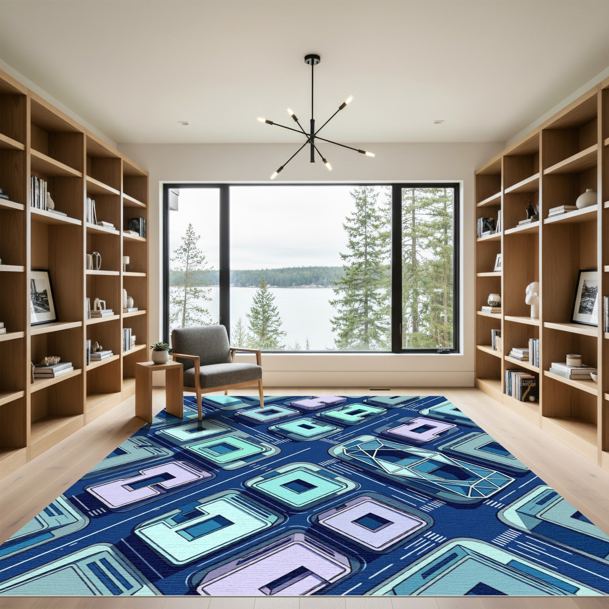 Modern Isometric Blue Geometric Cityscape Rug
