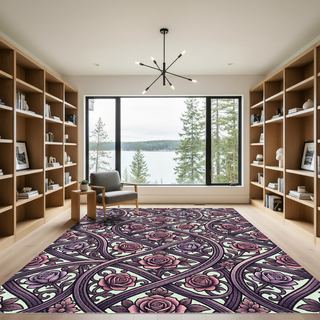 Mauve Pink Rose Scrollwork Pattern Rug