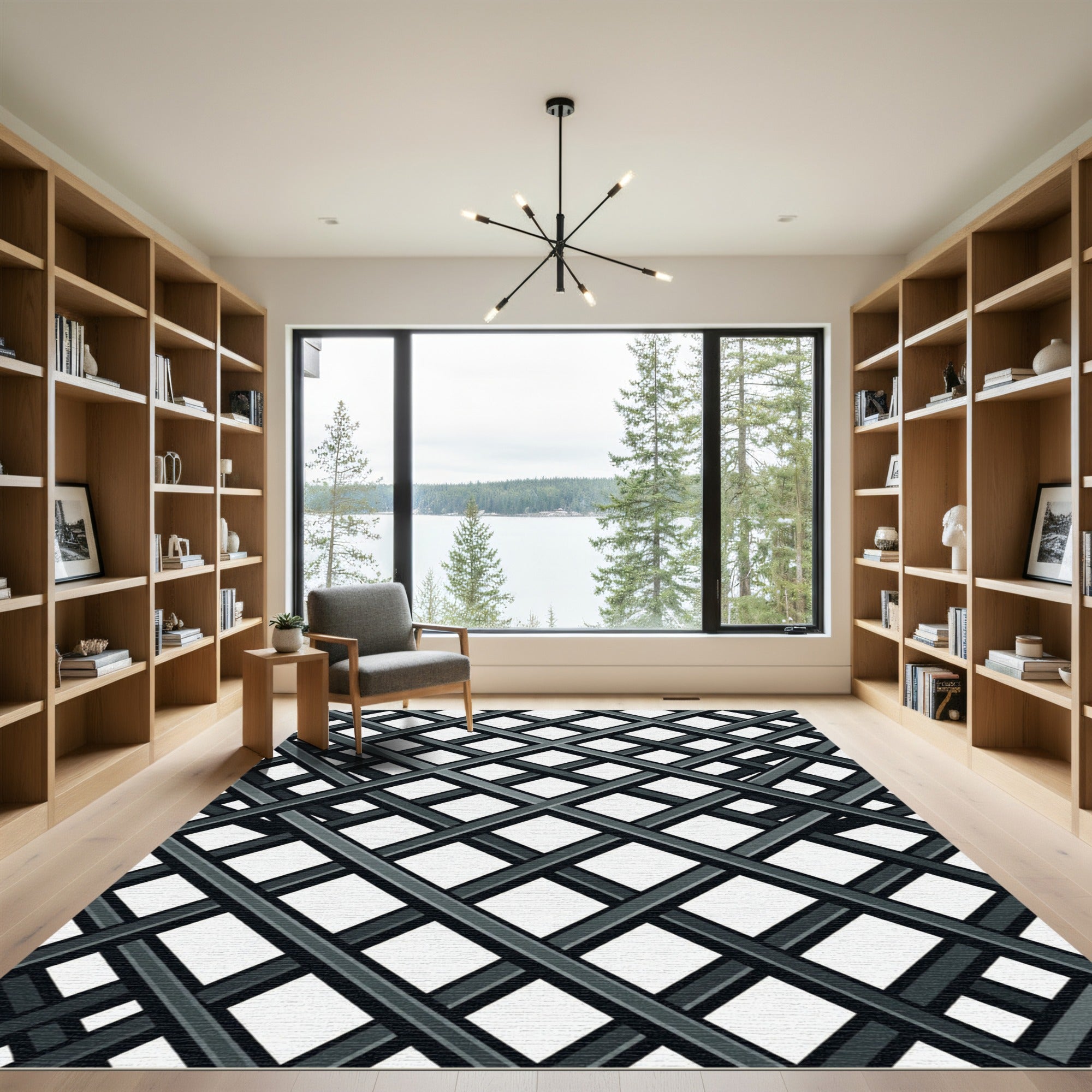 Monochrome Intersecting Diagonal Grid Rug