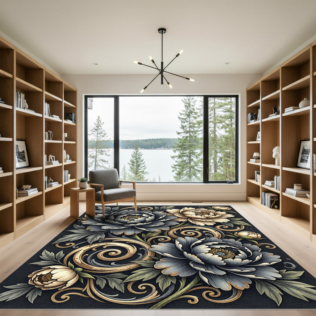 Elegant Midnight Floral Gold Swirl Rug