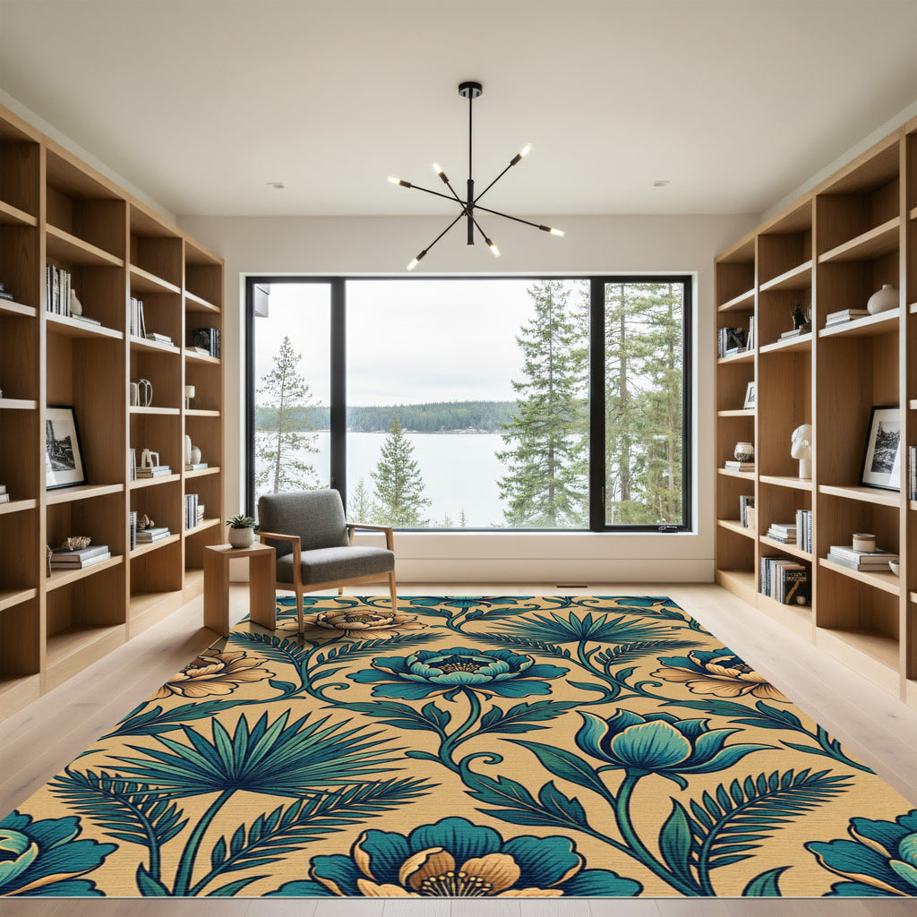 Golden Teal Floral Vine Garden Rug