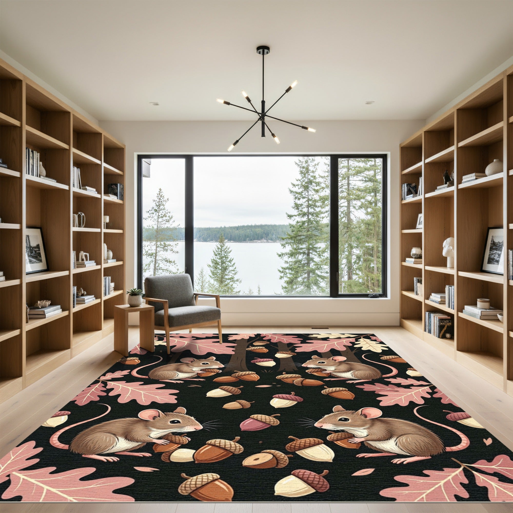 Whimsical Woodland Mouse and Acorn Illustration Rug