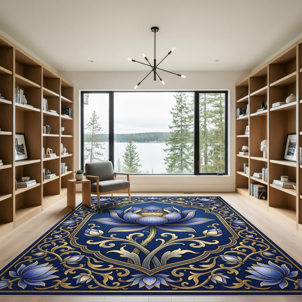 Golden Ornate Blue Lotus Bloom Rug