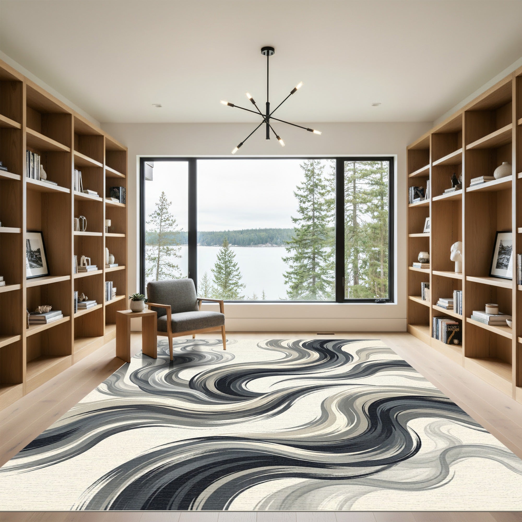 Monochrome Flowing Waves Abstract Rug