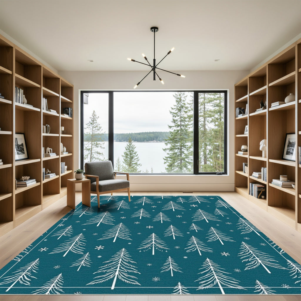 Deep Teal Winter Forest Snowflakes Rug