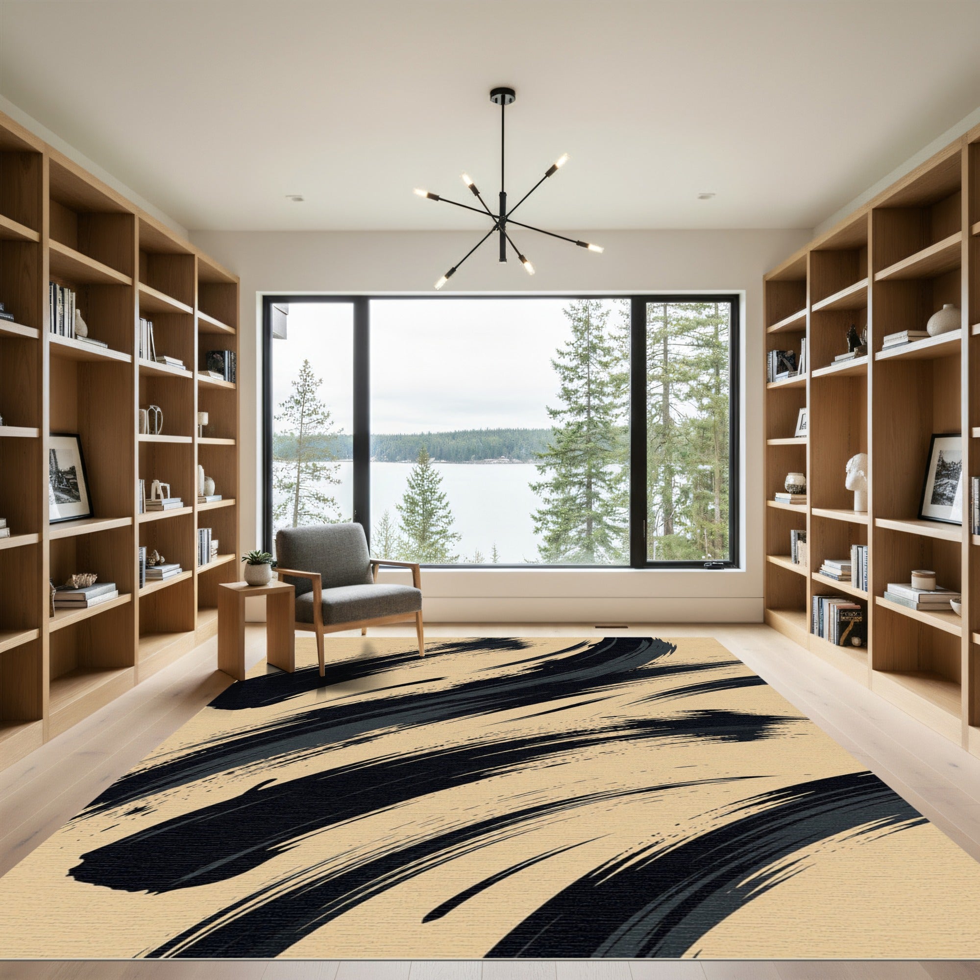 Bold Black Abstract Brushstroke Charcoal Beige Rug