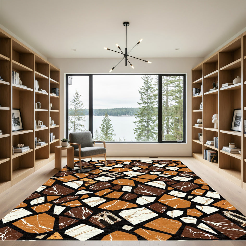 Geometric Abstract Ochre Brown Marble Patchwork Rug