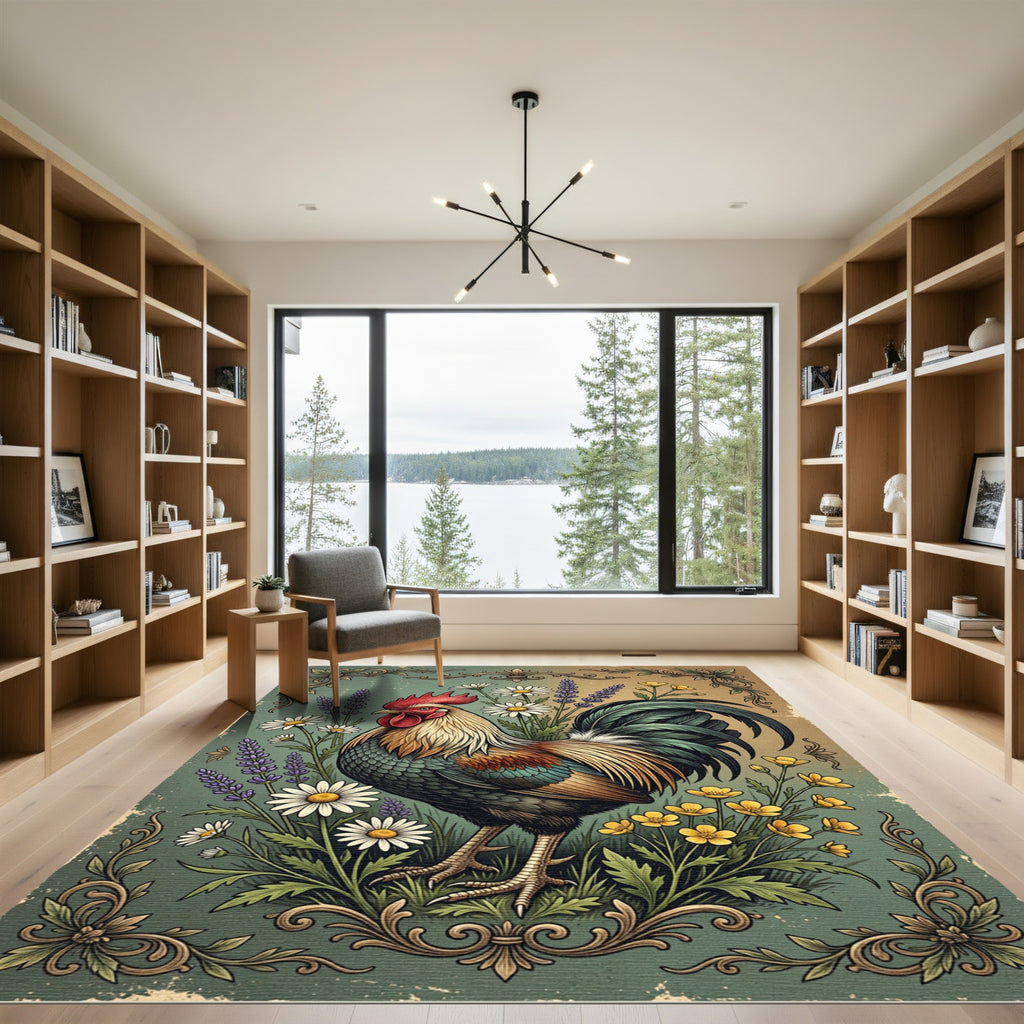 Vintage Floral Rooster Farmhouse Art Rug