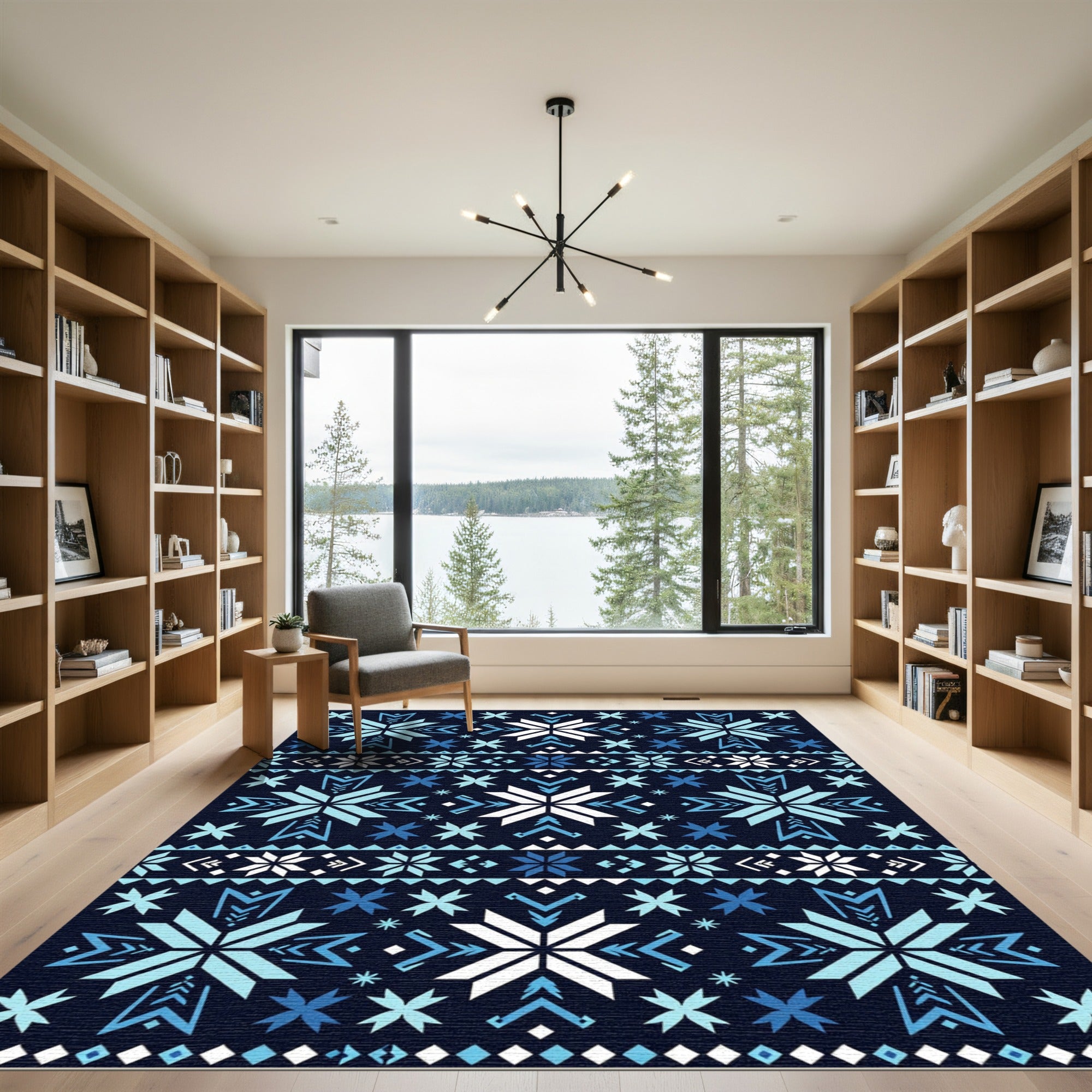 Geometric Nordic Blue Snowflake Frost Rug