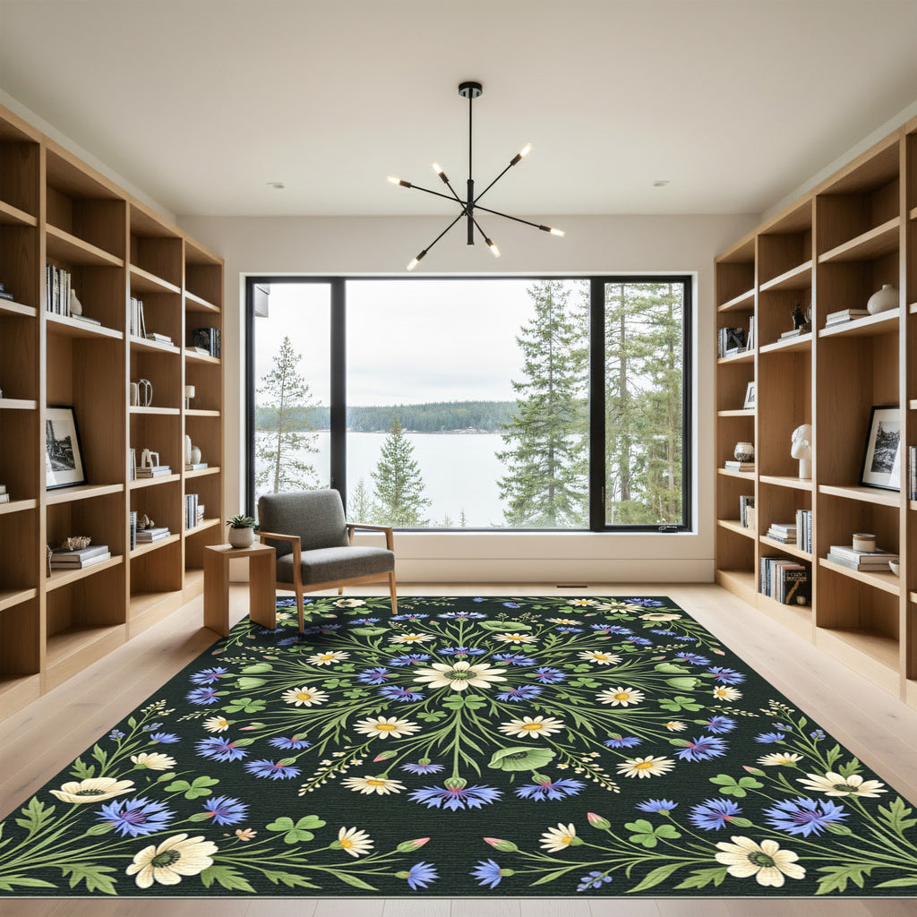 Dark Botanical Wildflower Meadow Medallion Rug