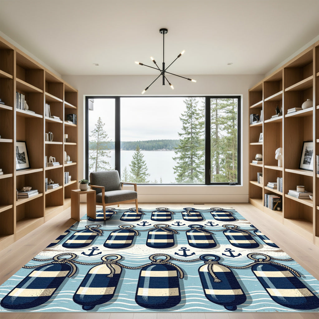 Nautical Blue Anchor Striped Buoy Rug