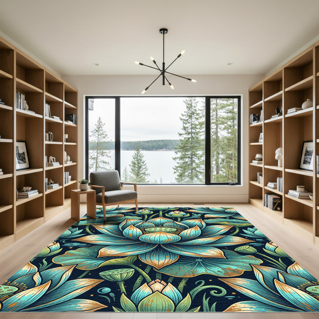 Teal Golden Lotus Blossom Botanical Rug