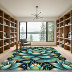 Teal Golden Lotus Blossom Botanical Rug