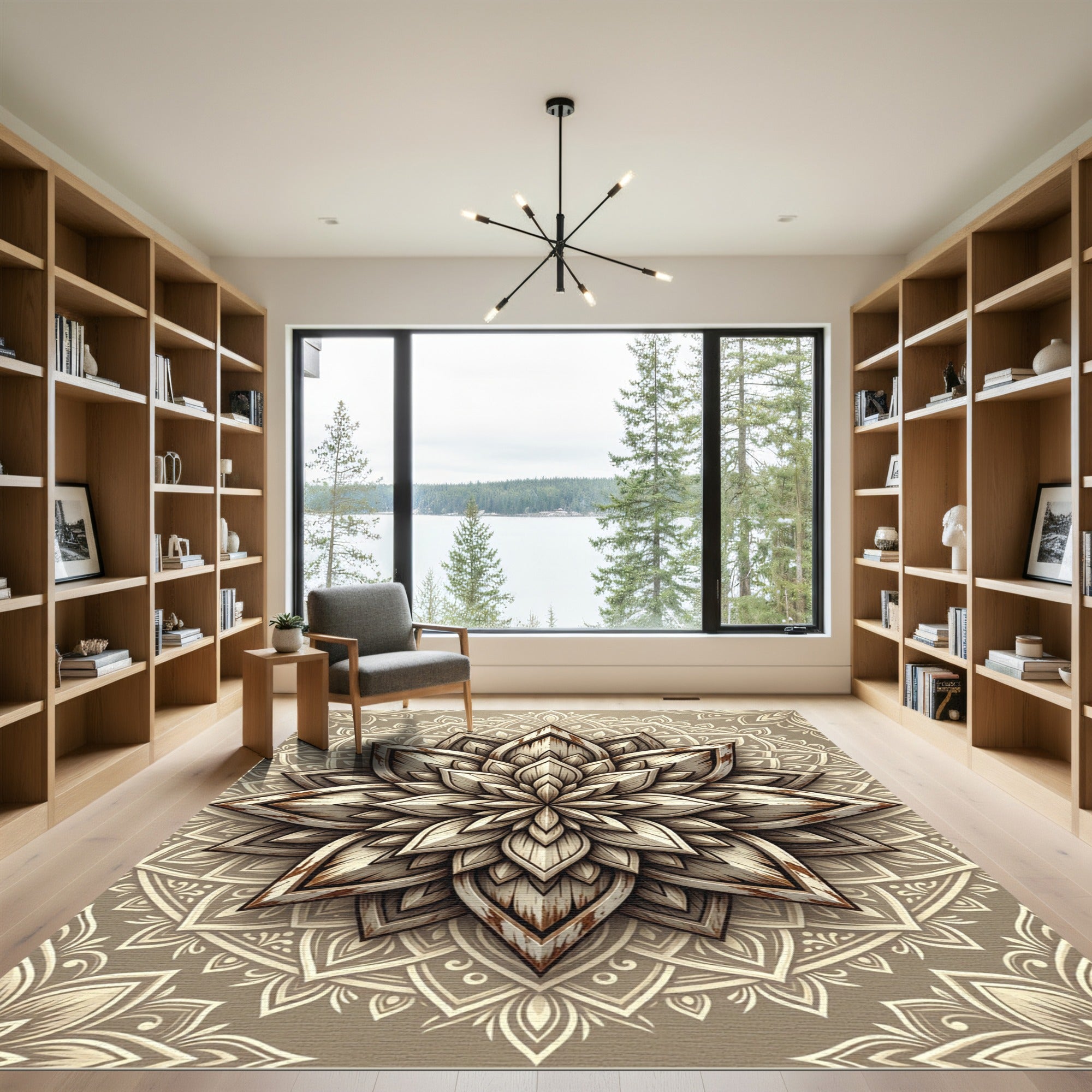 Rustic Cream Wood Grain Lotus Mandala Rug