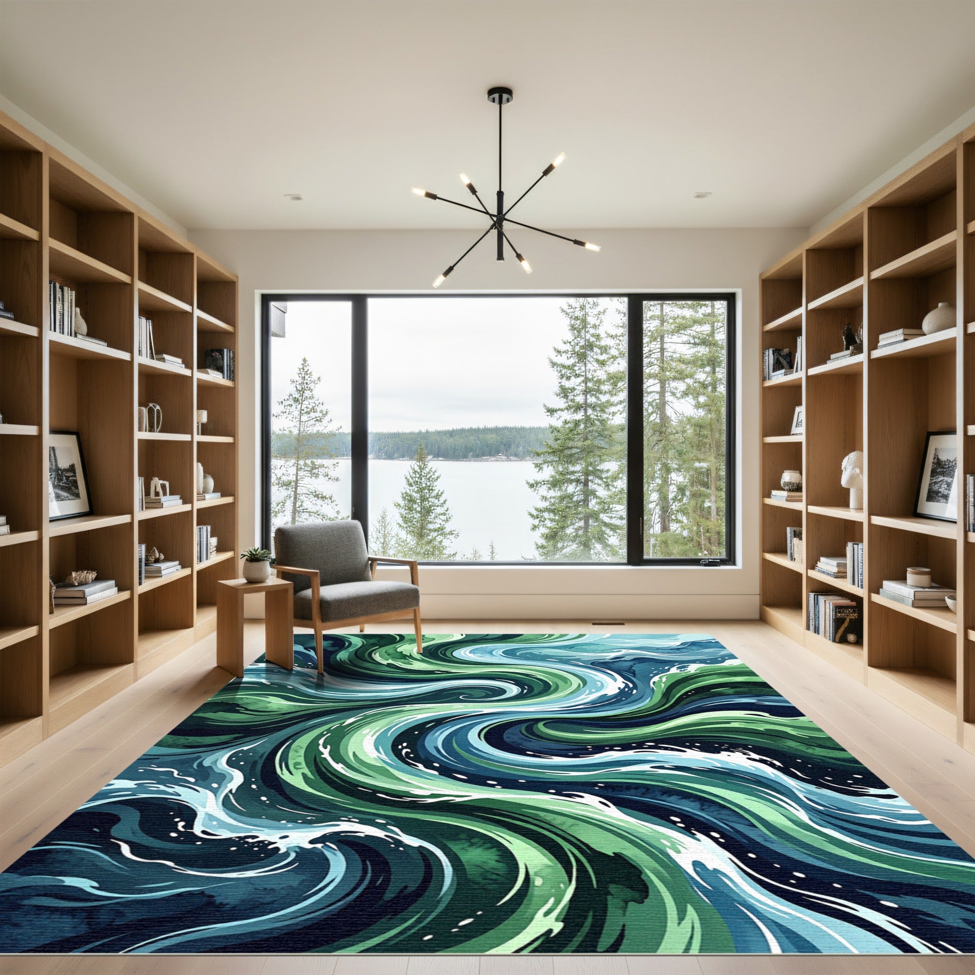 Ethereal Sage and Deep Teal Swirling Waves Rug