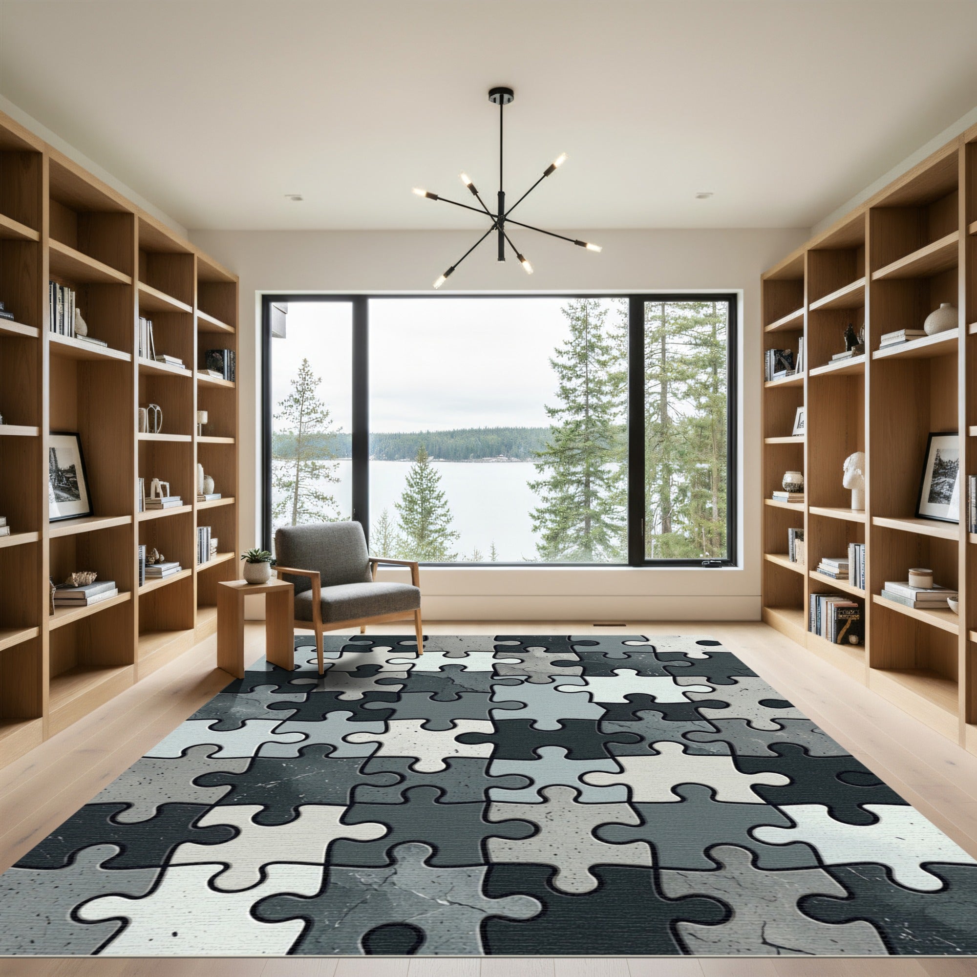 Monochrome Abstract Geometric Interlocking Puzzle Rug