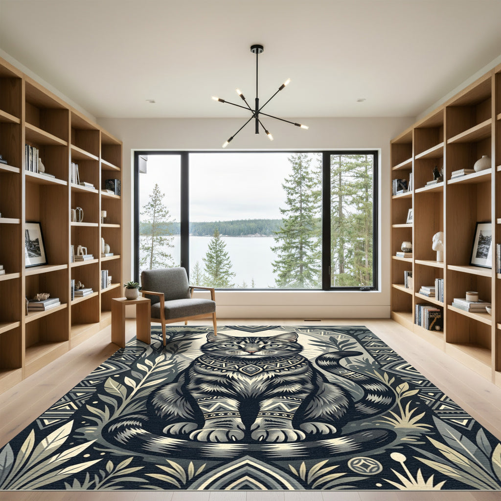Earthy Monochrome Tabby Cat Jungle Ruin Rug