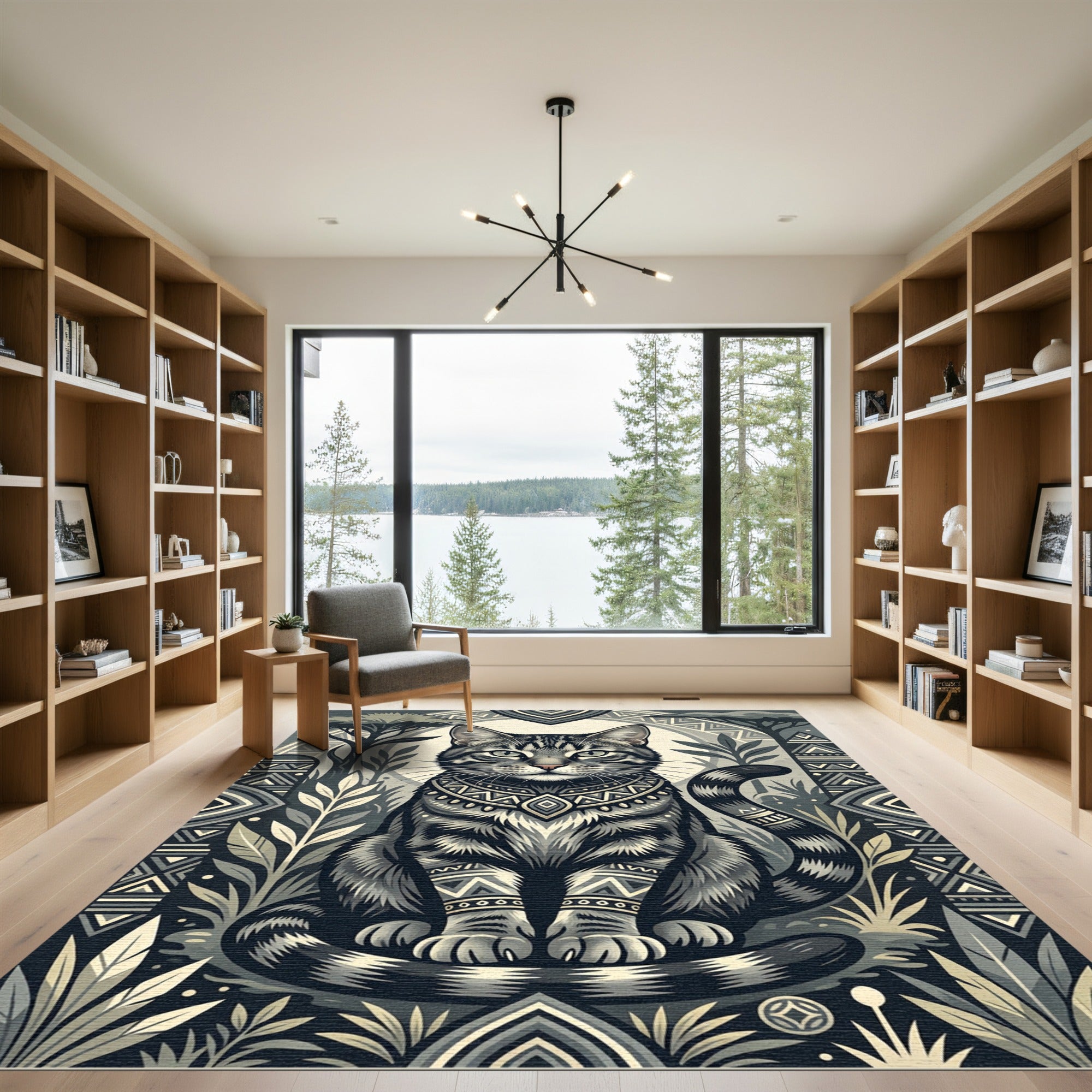 Earthy Monochrome Tabby Cat Jungle Ruin Rug