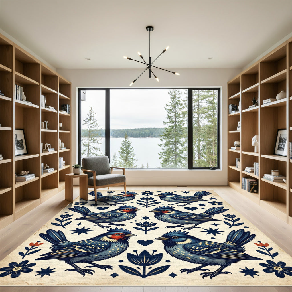Navy Folk Art Songbird Star Field Rug