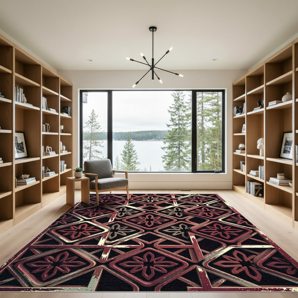Earthy Red Geometric Lattice Floral Rug