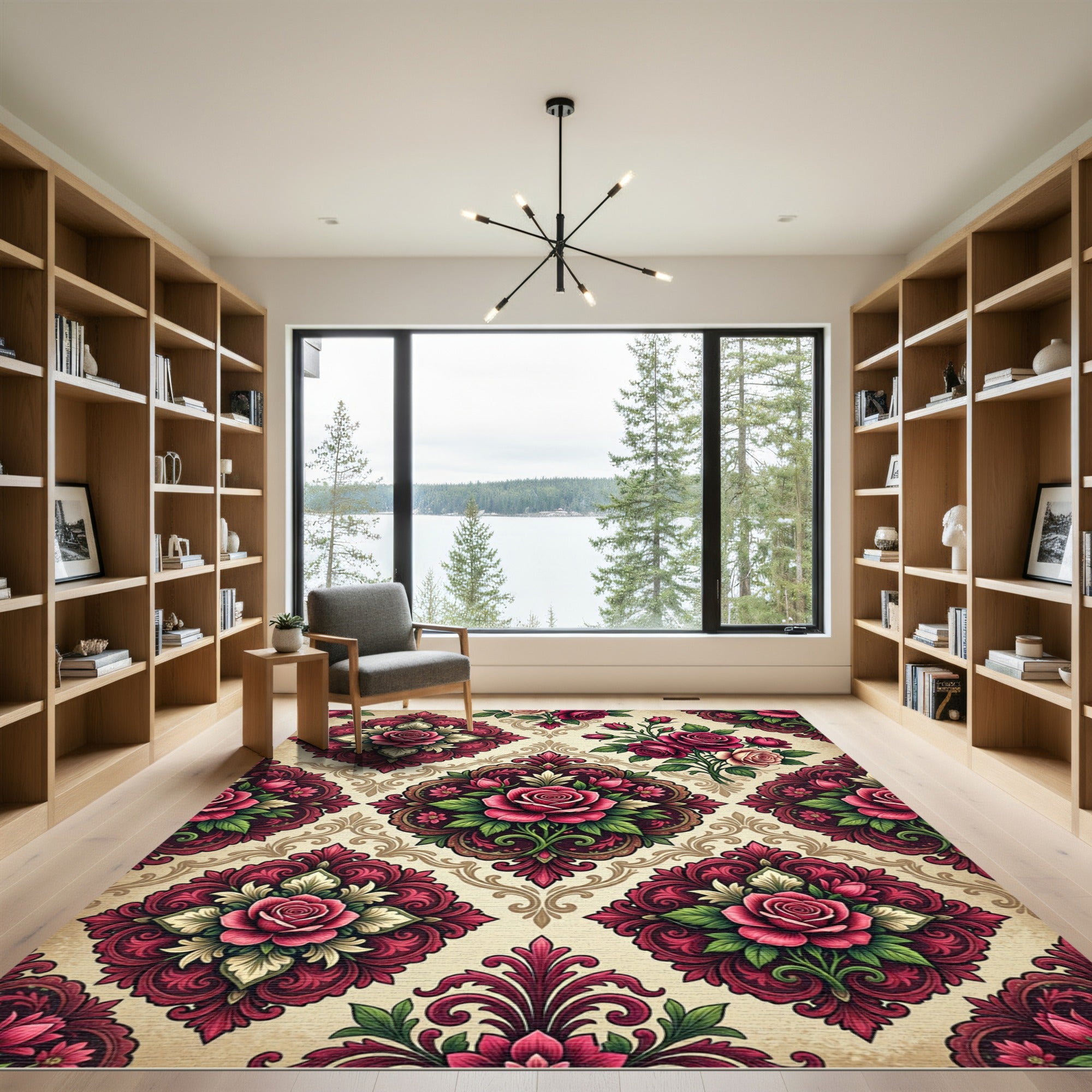 Damask Crimson Rose Floral Medallion Rug