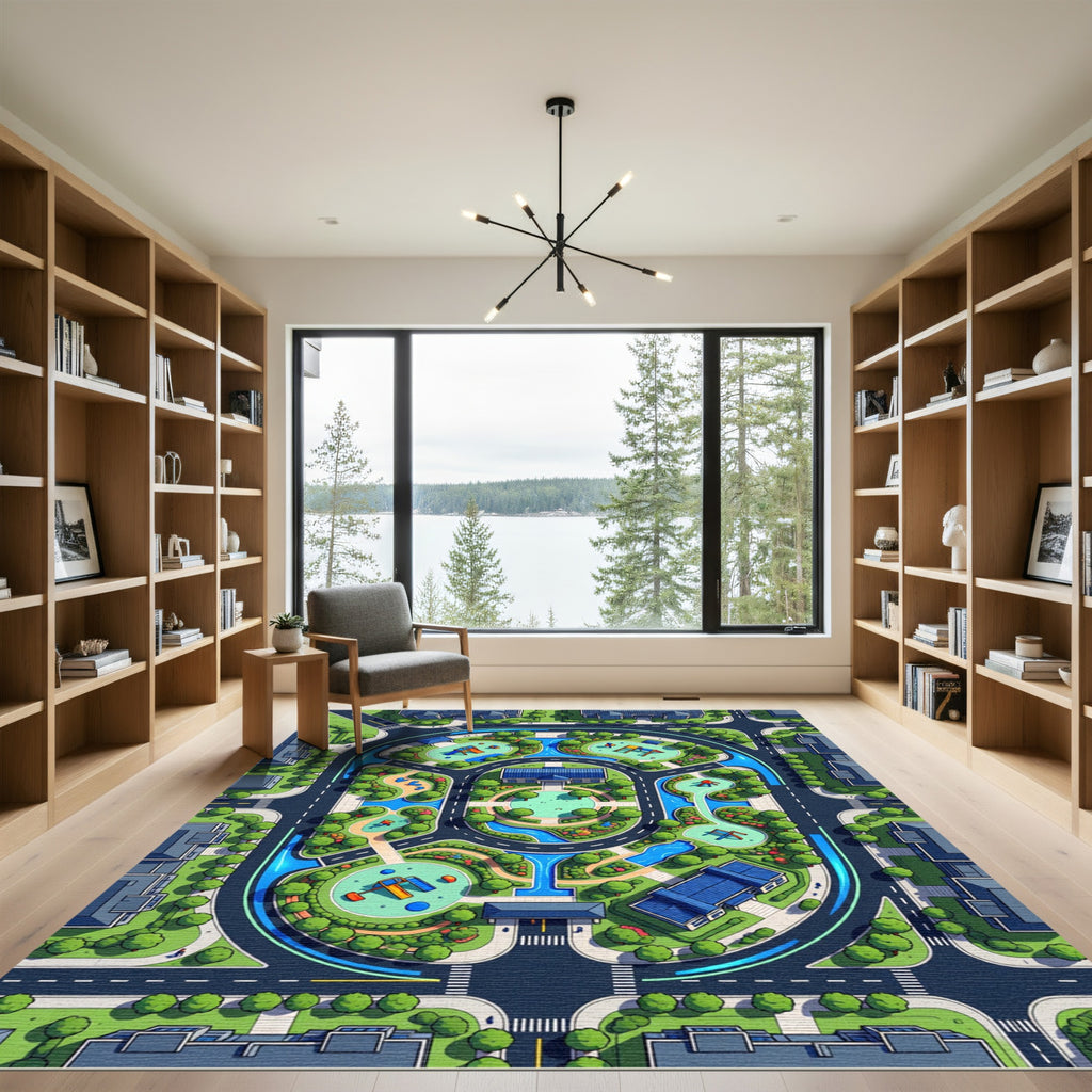 Playful Blue Neighborhood Village Map Rug