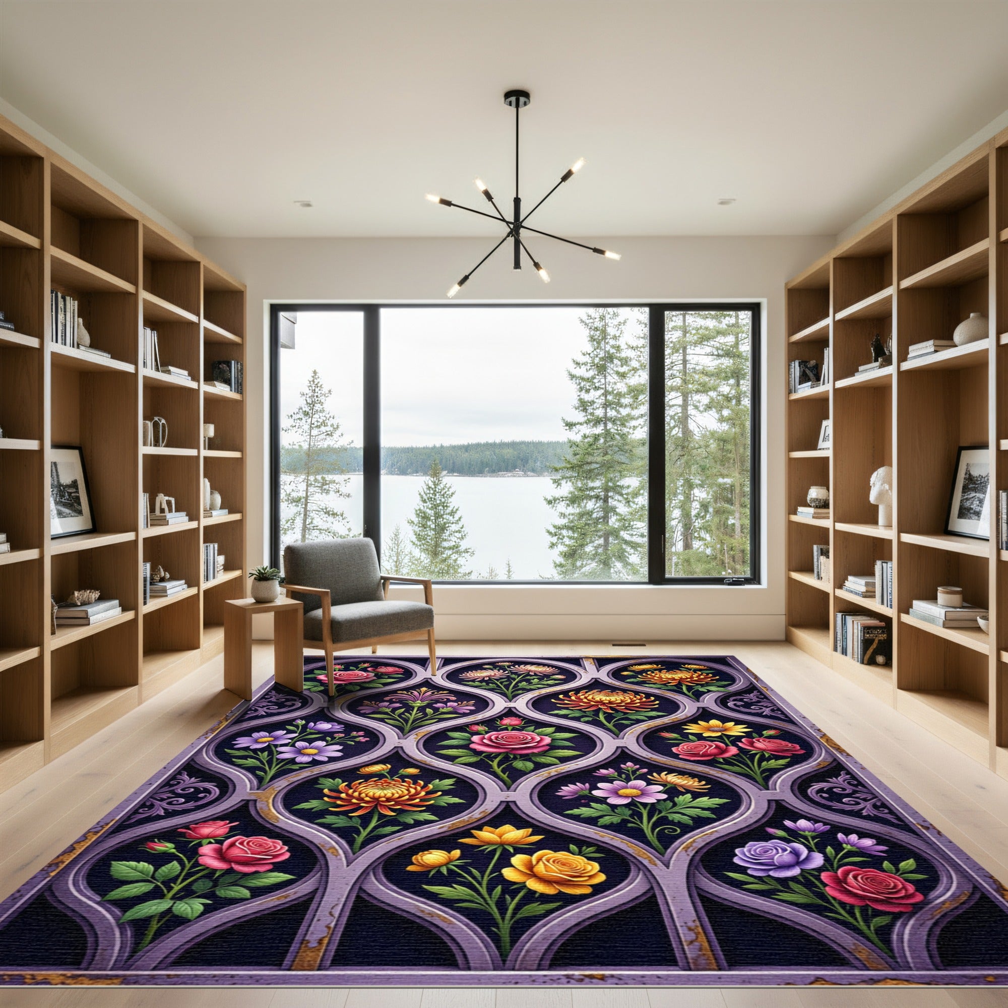 Ornate Lavender Botanical Garden Tile Rug