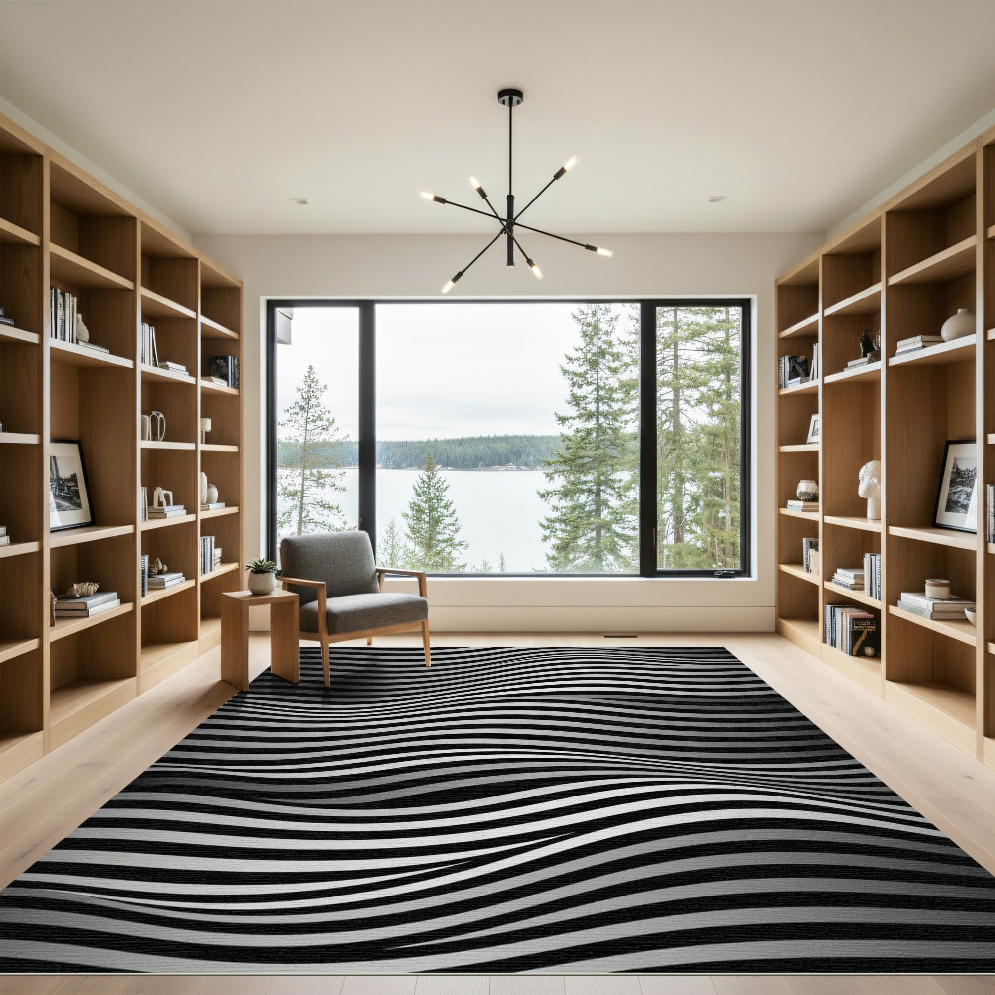 Monochromatic Wavy Black and White Lines Rug