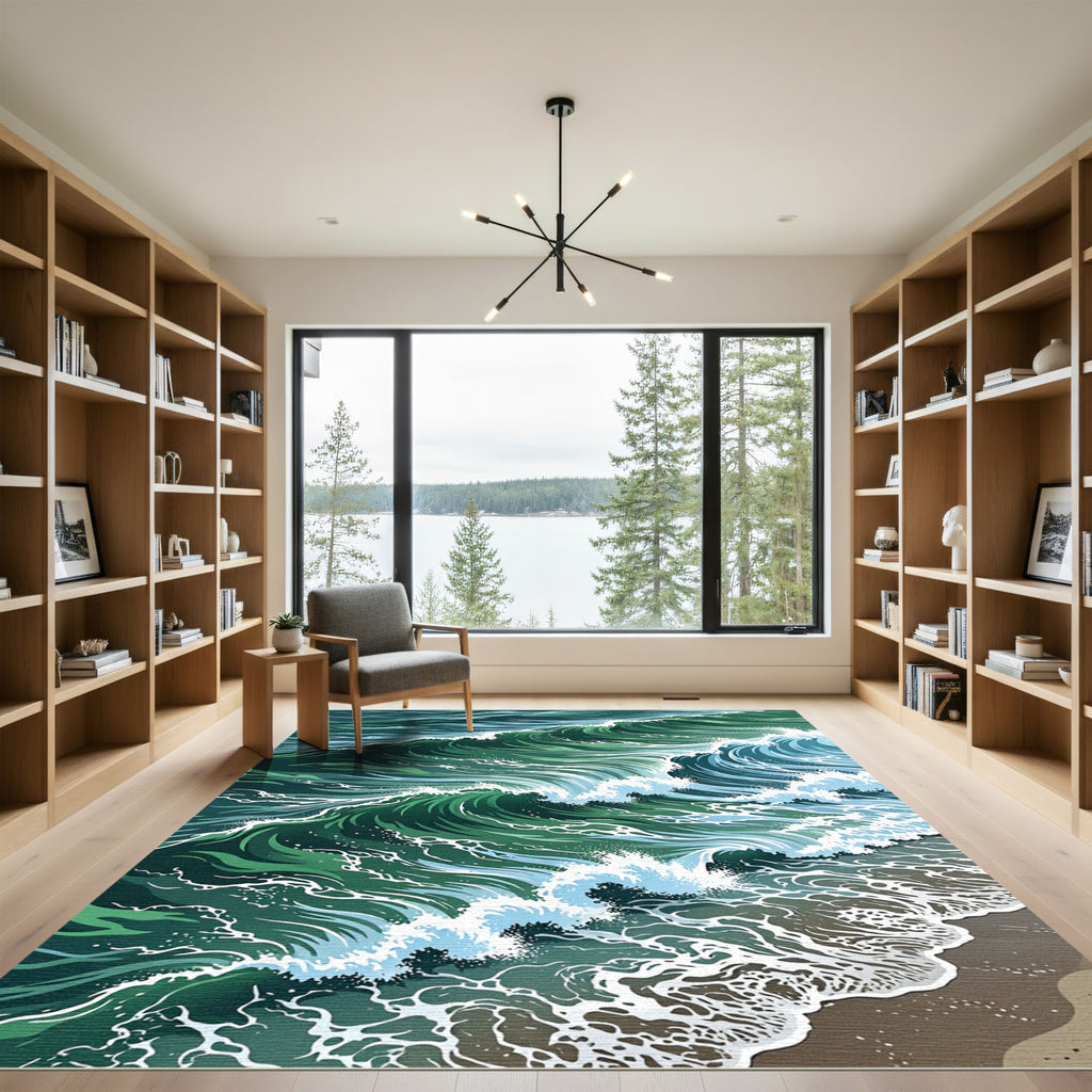 Dynamic Emerald Ocean Wave Swells Rug