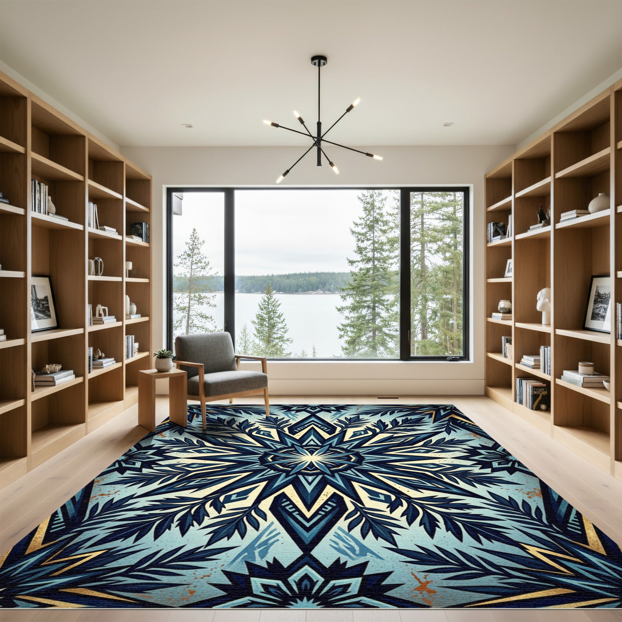 Geometric Navy Blue Starburst Foliage Rug
