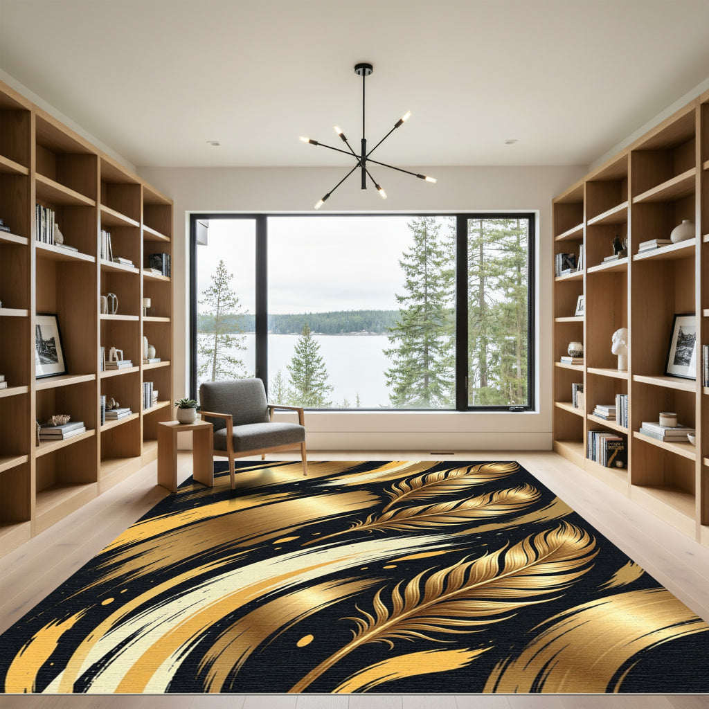 Elegant Golden Feather Abstract Brushstroke Rug