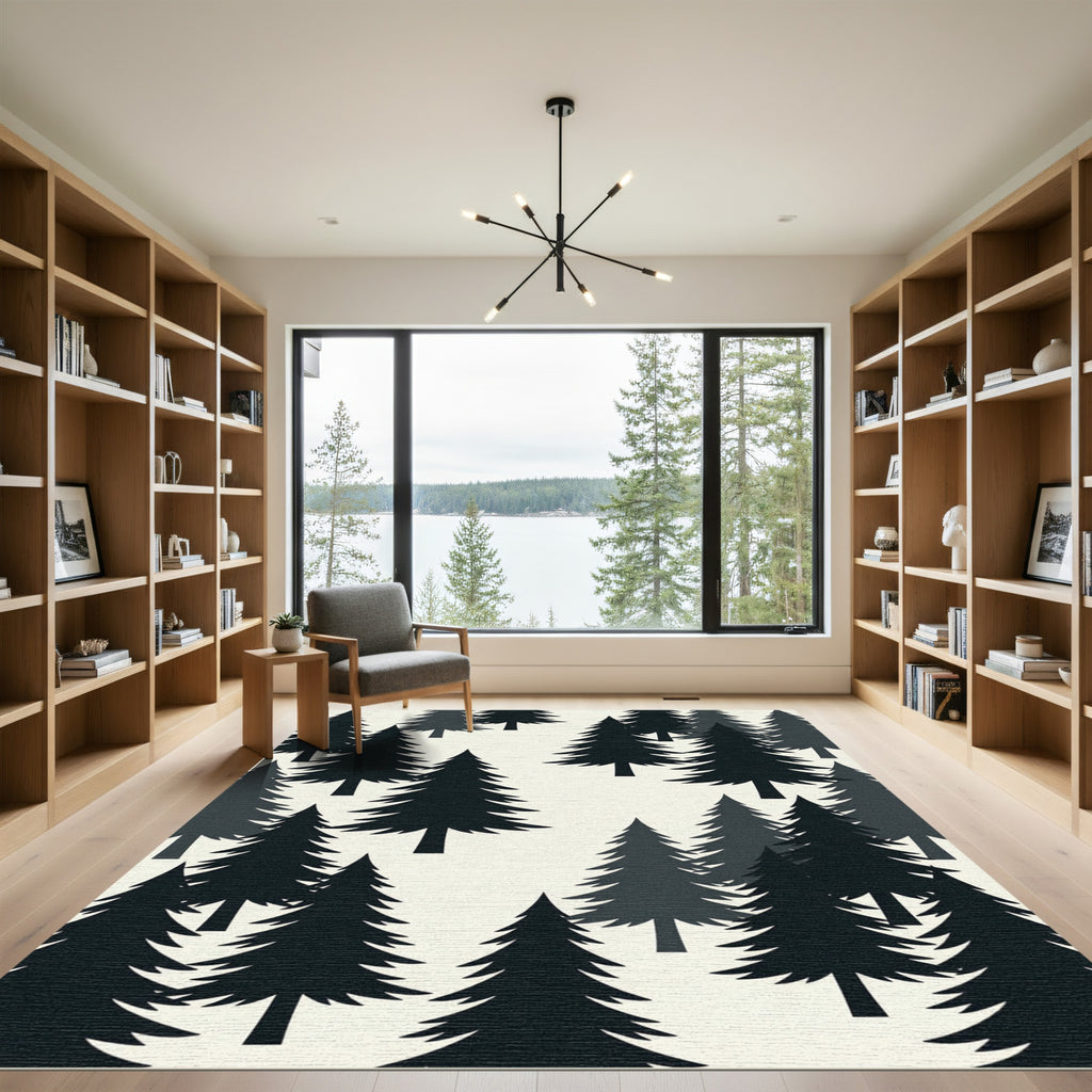 Minimalist Charcoal Forest Pine Silhouette Rug