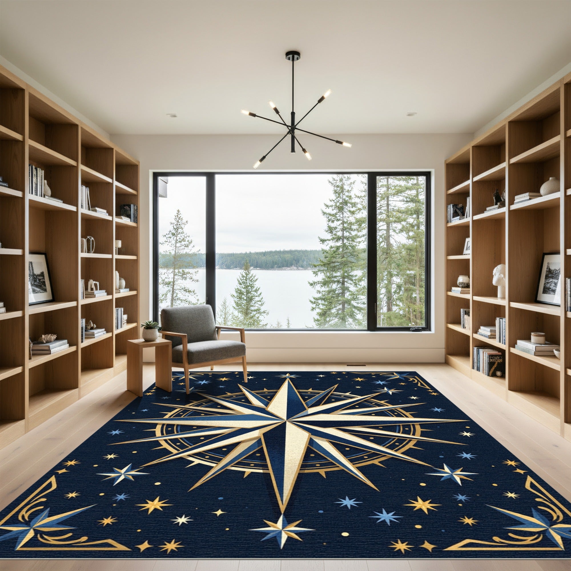 Celestial Navy and Gold Compass Rug