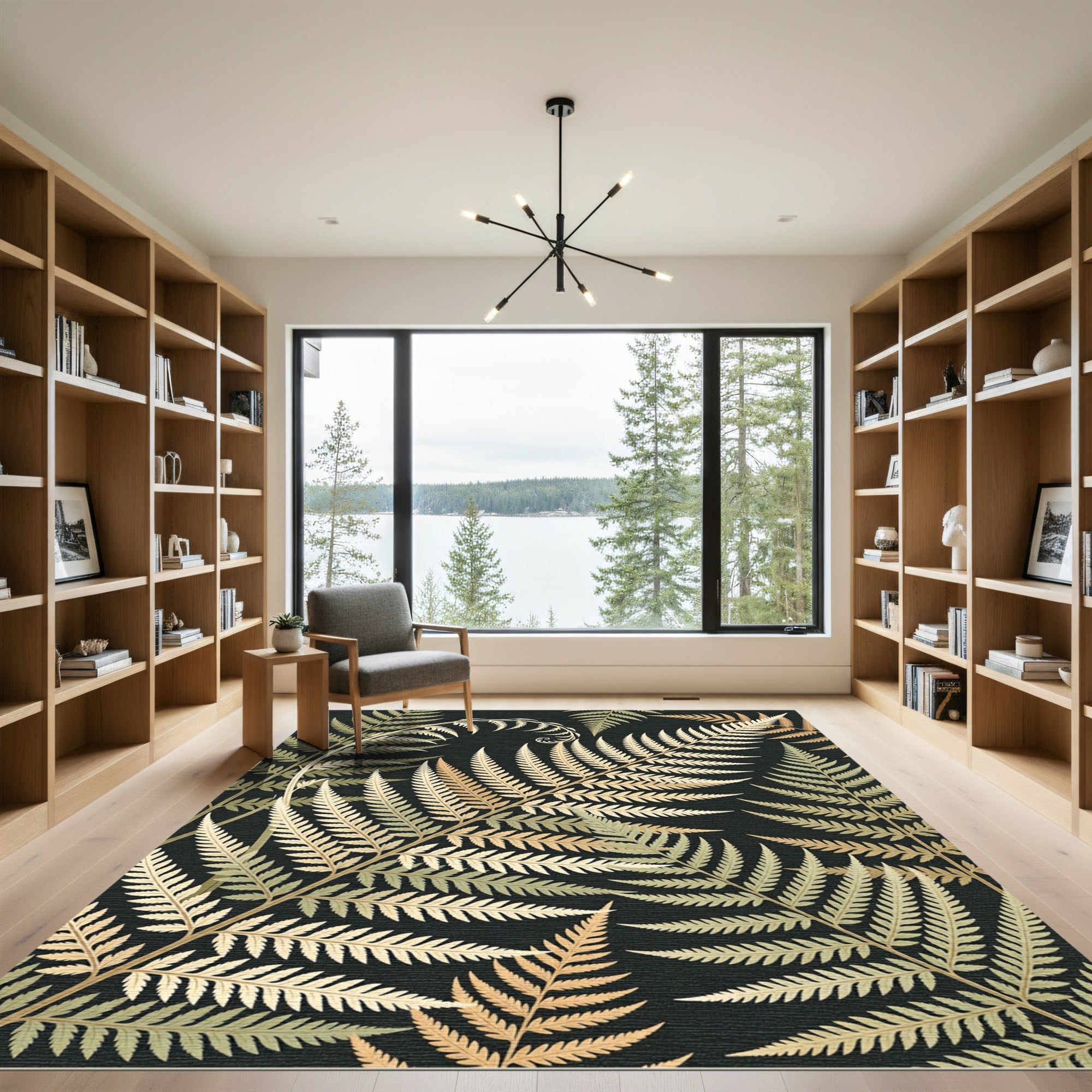 Elegant Gold Fern Frond Pattern Rug
