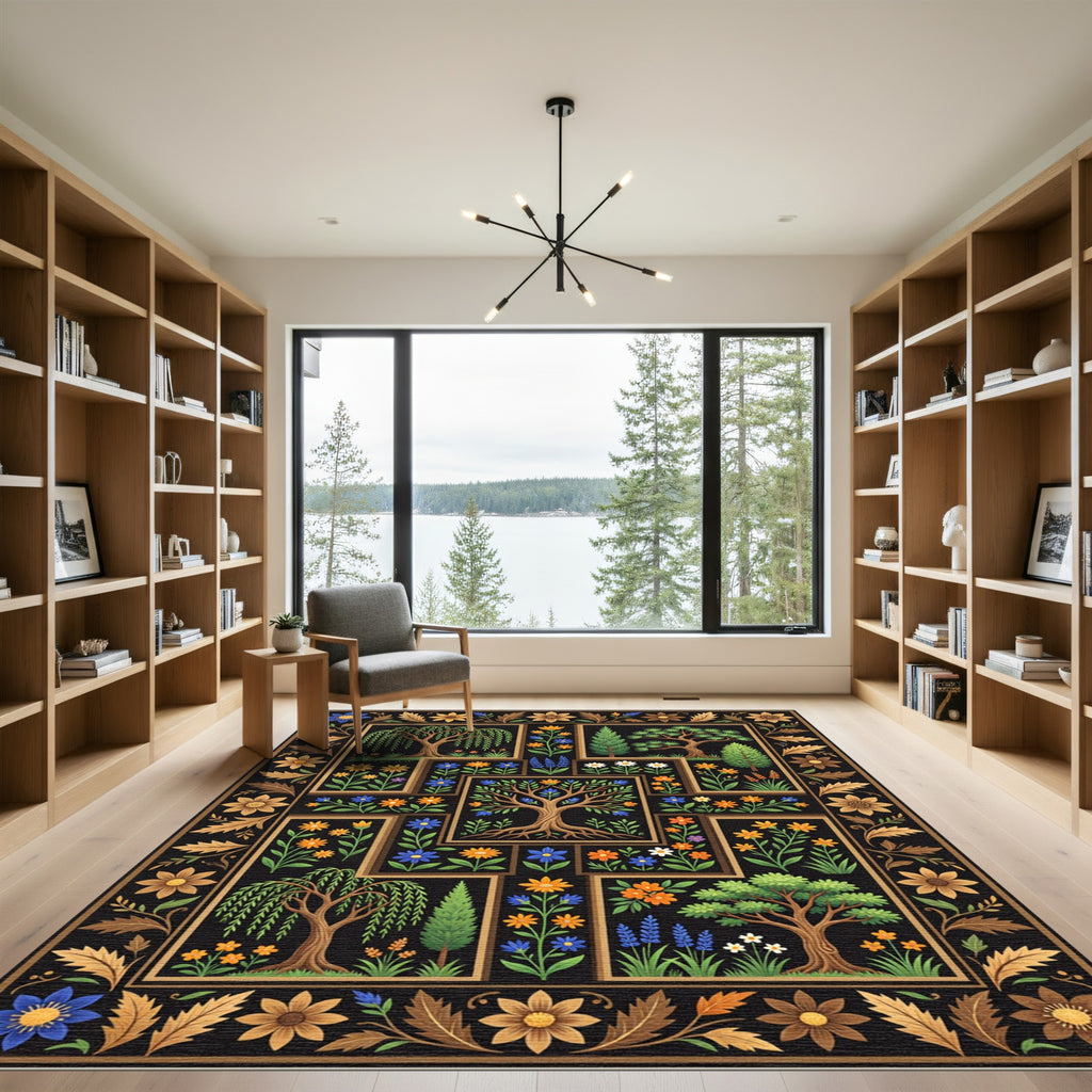 Botanical Black Tile Garden Ornament Rug