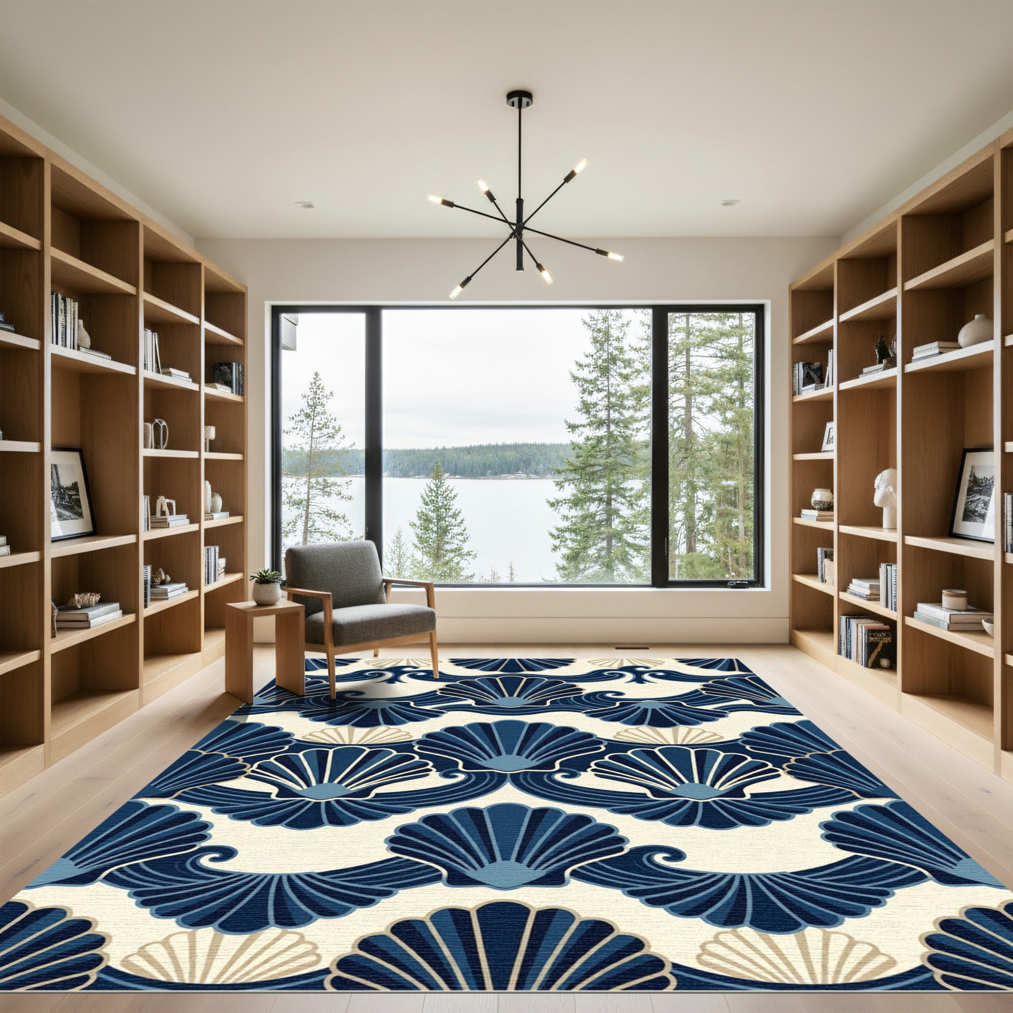 Art Deco Navy Scallop Wave Shell Rug