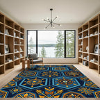 Indigo Gold Geometric Hexagon Mandala Tile Rug