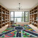 Vibrant Isometric Urban Roadway Cityscape Rug