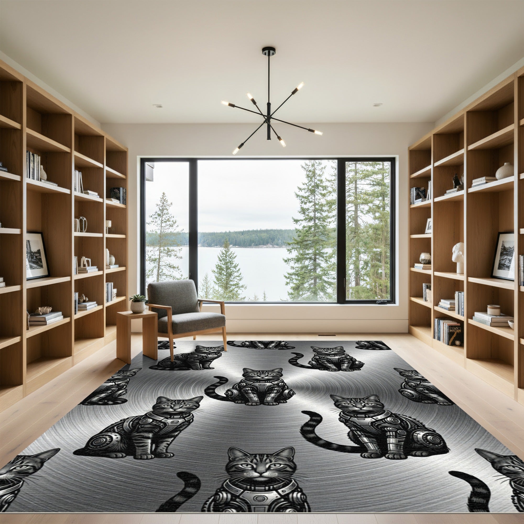 Monochromatic Robotic Feline Metal Texture Rug