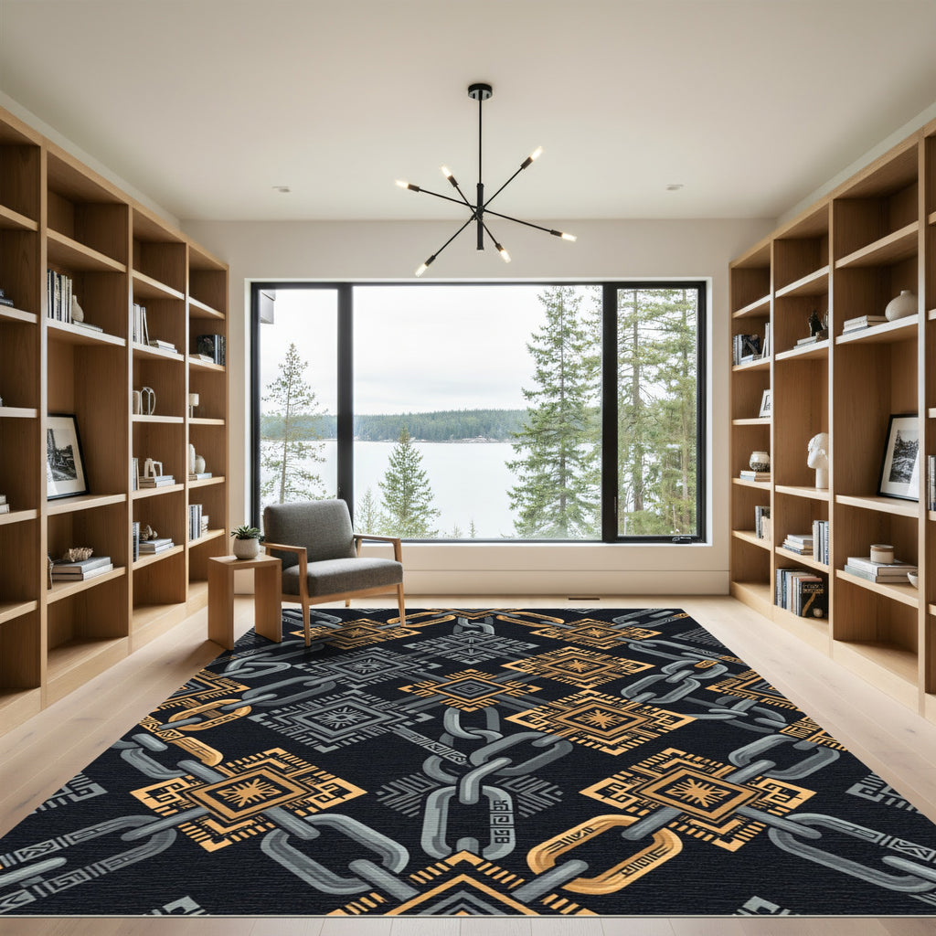 Golden Chain and Geometric Onyx Abstract Rug