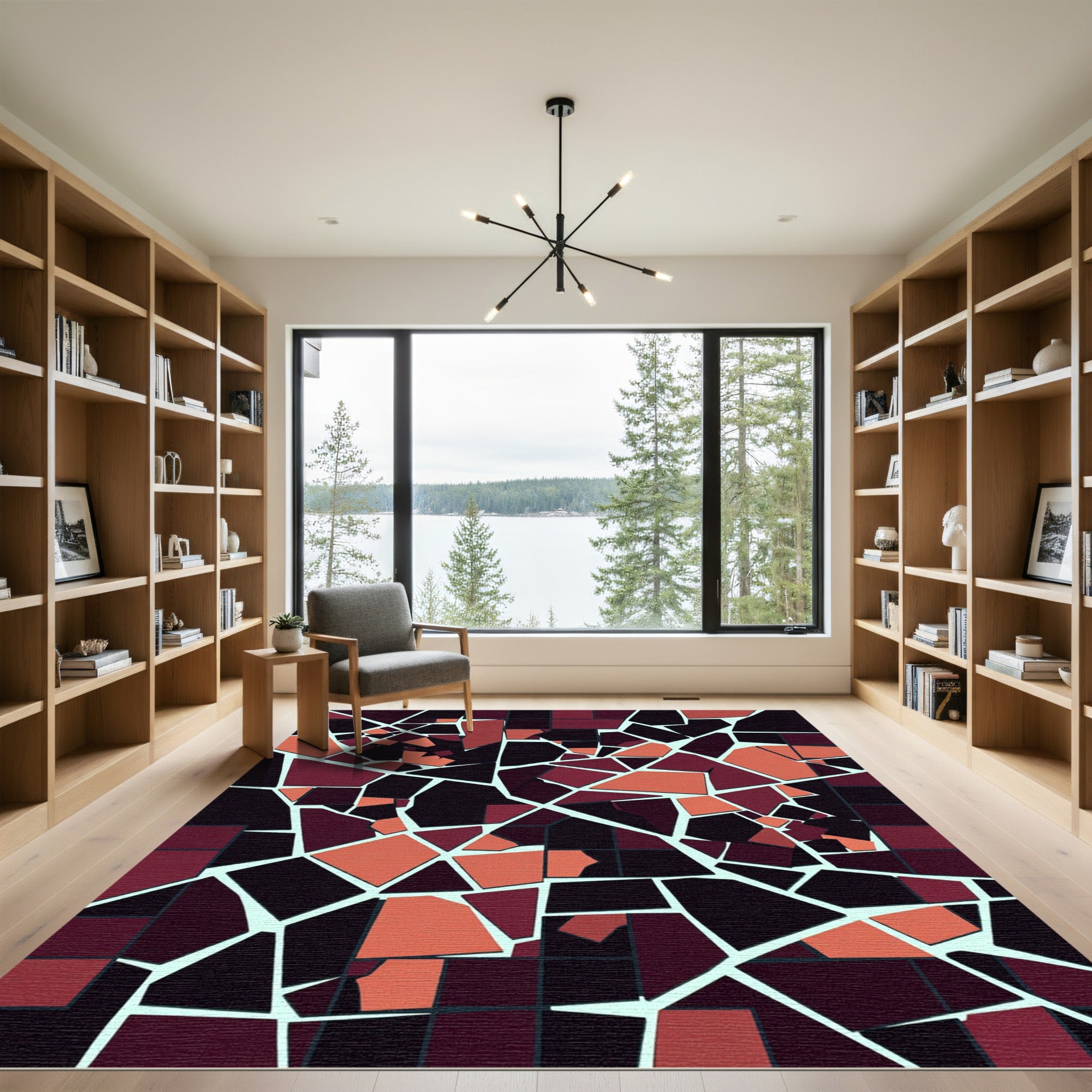 Abstract Geometric Maroon and Coral Mosaic Rug