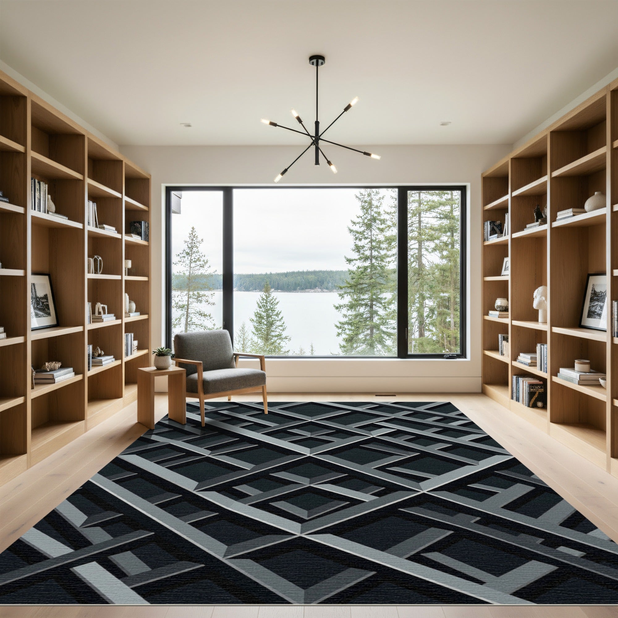 Dark Slate Geometric Intersecting Grid Rug