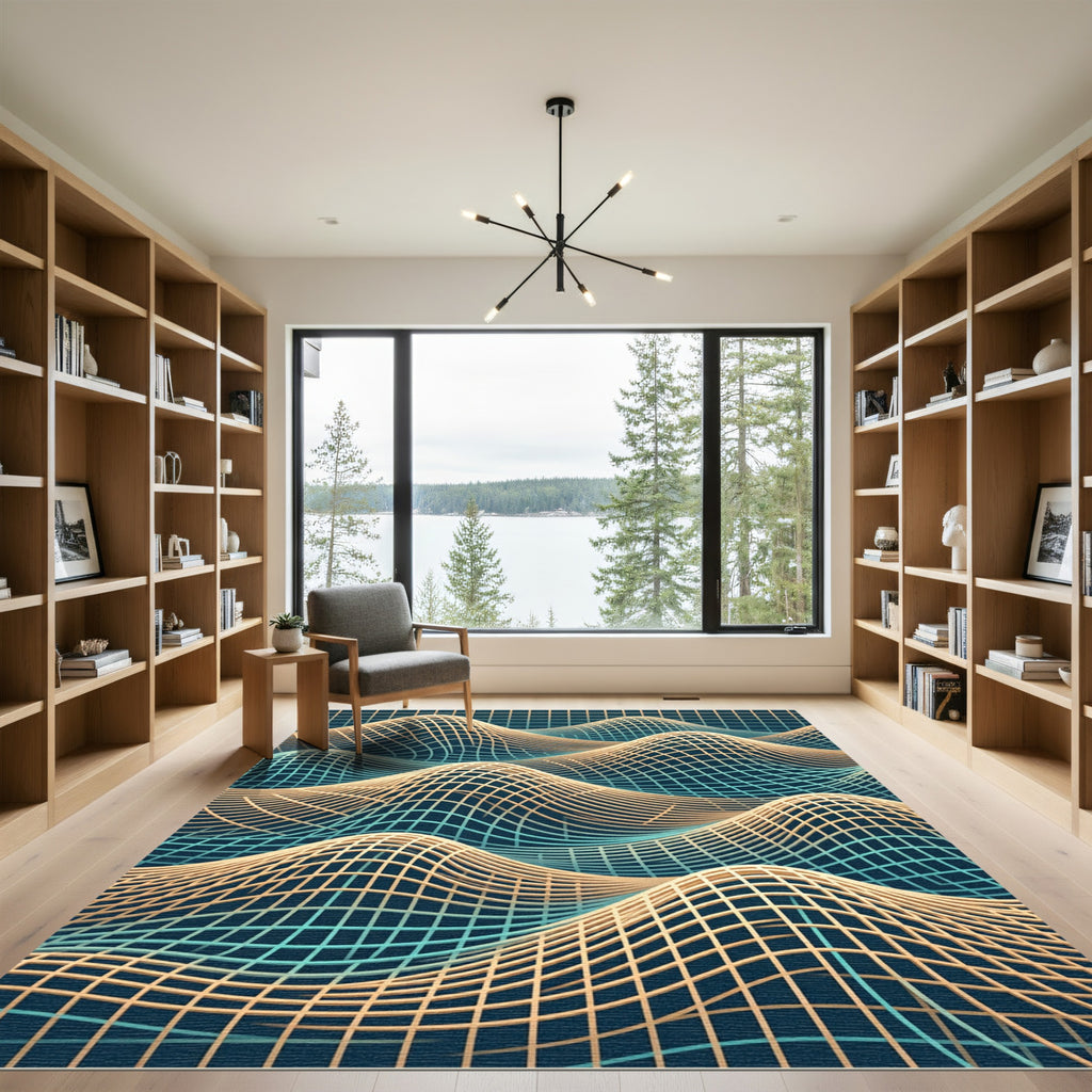 Modern Gold and Teal Wavy Grid Rug