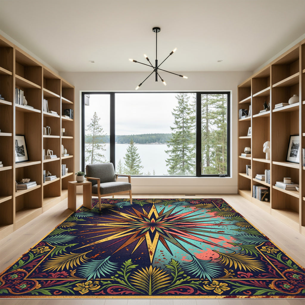 Celestial Golden Starburst Teal Foliage Rug